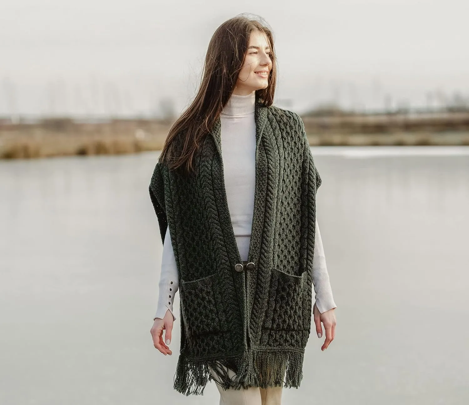 SAOL 100% Merino Wool Shawl/Poncho Sweater/Open Cardigan/Wool Cape with Pockets with Fringe Trim and Trinity Knot Button