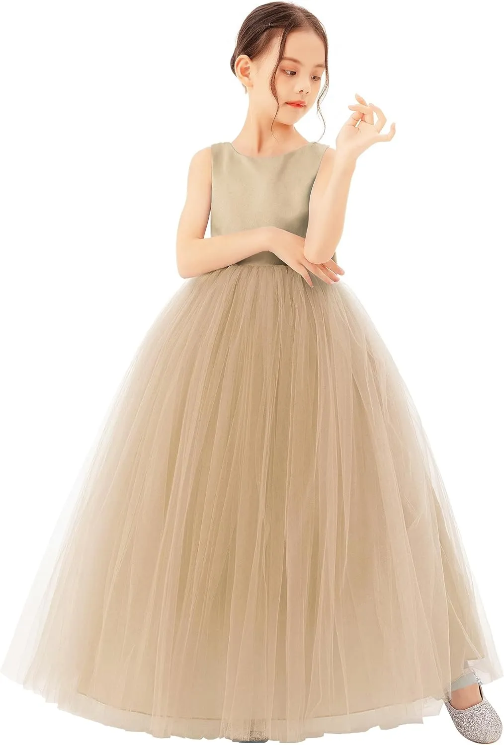 Satin Backless Tulle Flower Girl Dresses for Special Occasions Bridesmaid 722