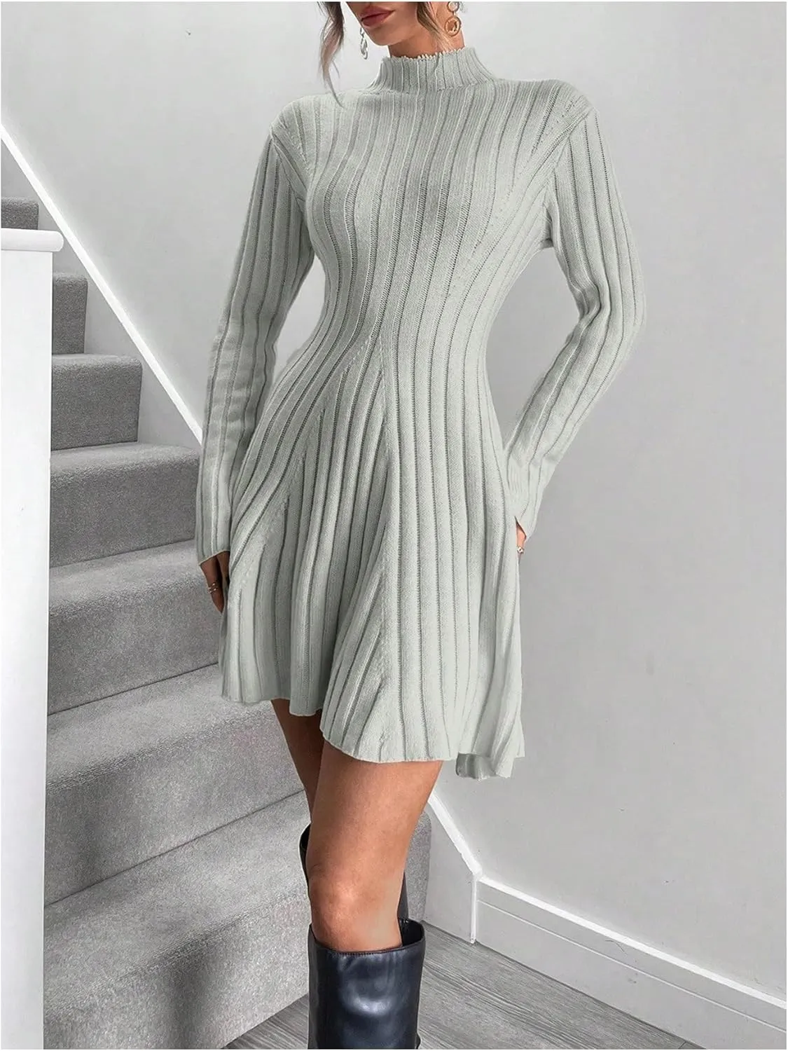 SOLY HUX Women's Long Sleeve Sweater Dress Mock Neck Ribbed Knit Elegant Flared Mini Dresses