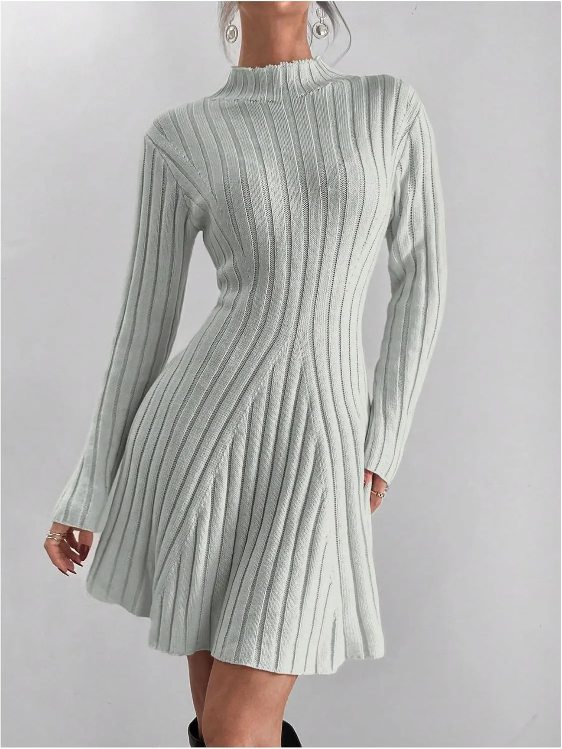 SOLY HUX Women's Long Sleeve Sweater Dress Mock Neck Ribbed Knit Elegant Flared Mini Dresses
