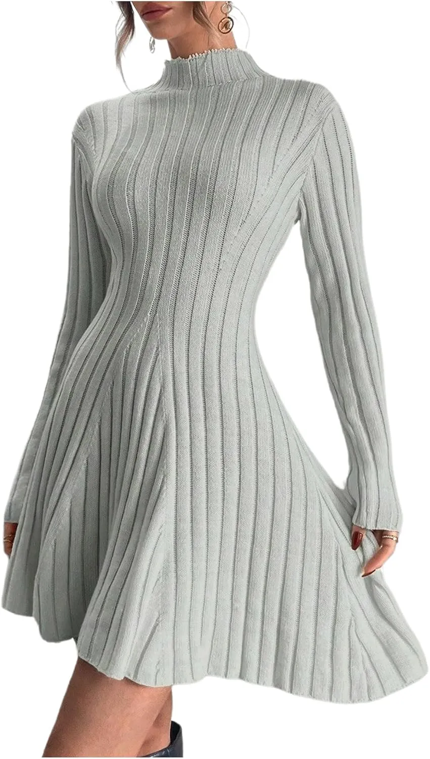 SOLY HUX Women's Long Sleeve Sweater Dress Mock Neck Ribbed Knit Elegant Flared Mini Dresses