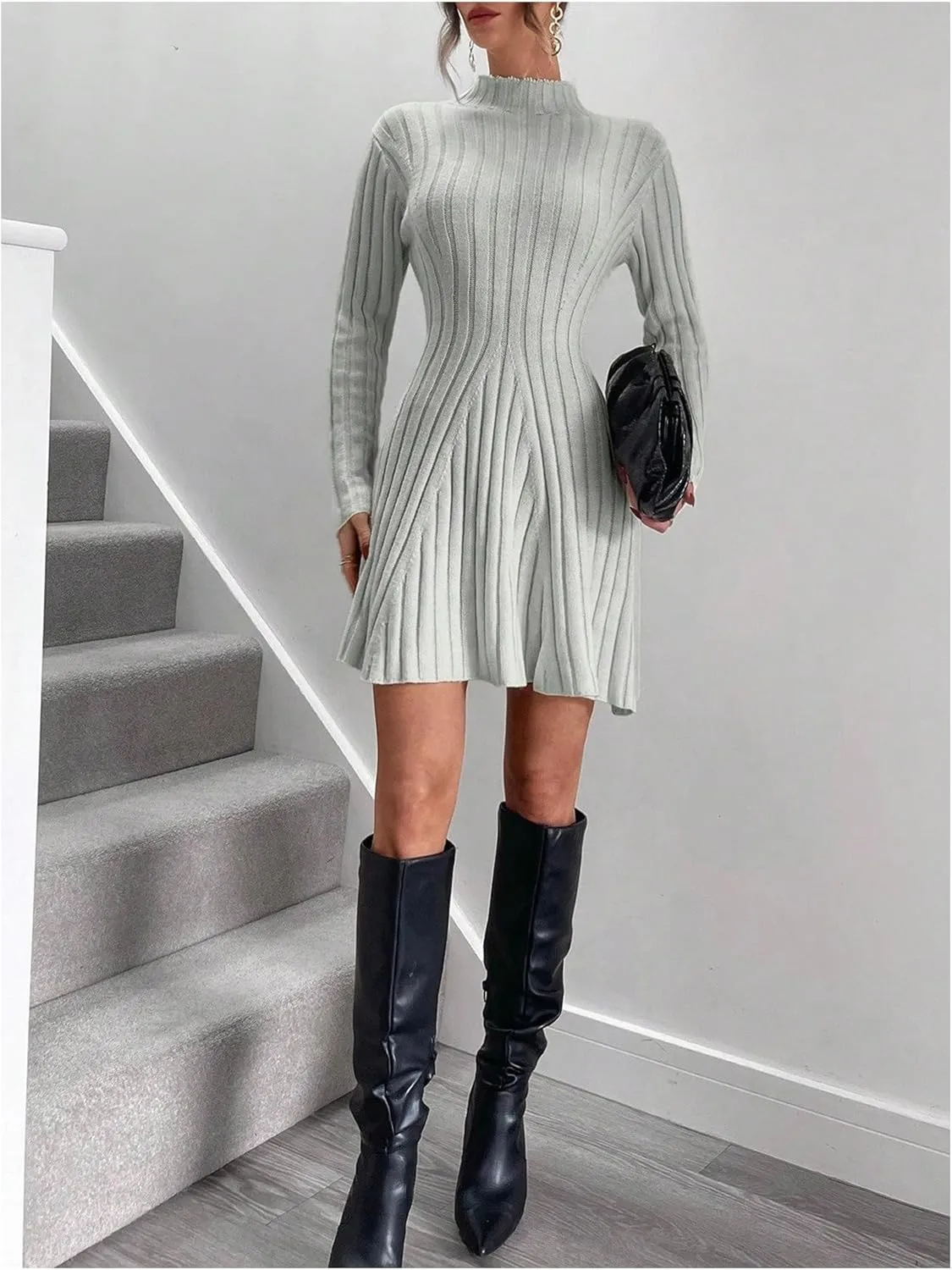 SOLY HUX Women's Long Sleeve Sweater Dress Mock Neck Ribbed Knit Elegant Flared Mini Dresses
