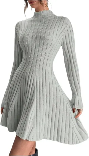 SOLY HUX Women's Long Sleeve Sweater Dress Mock Neck Ribbed Knit Elegant Flared Mini Dresses