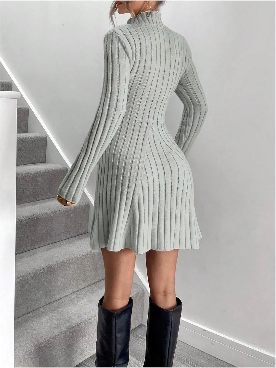 SOLY HUX Women's Long Sleeve Sweater Dress Mock Neck Ribbed Knit Elegant Flared Mini Dresses
