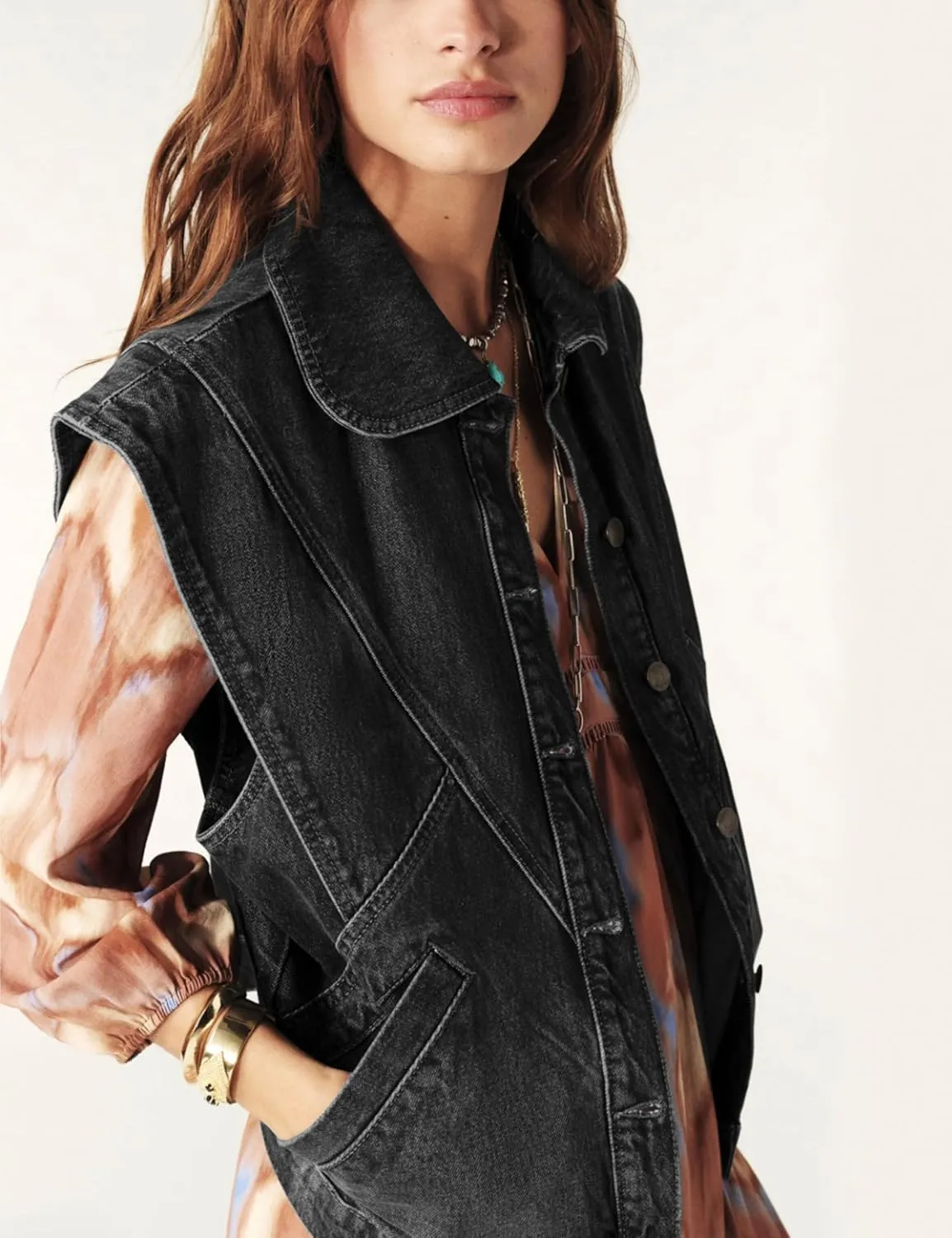 Tanming Women's Denim Vest Cap Sleeve Casual Jean Jacket Oversized Button Down Jean Waistcoat