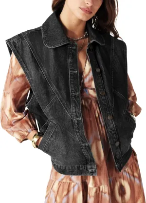 Tanming Women's Denim Vest Cap Sleeve Casual Jean Jacket Oversized Button Down Jean Waistcoat