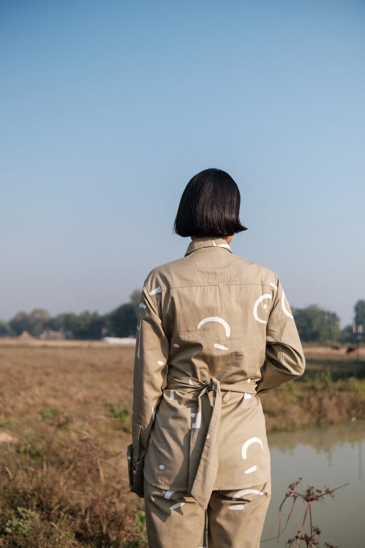 The Terra Tribe Khaki Line Printed Nara Front Knot Shirt
