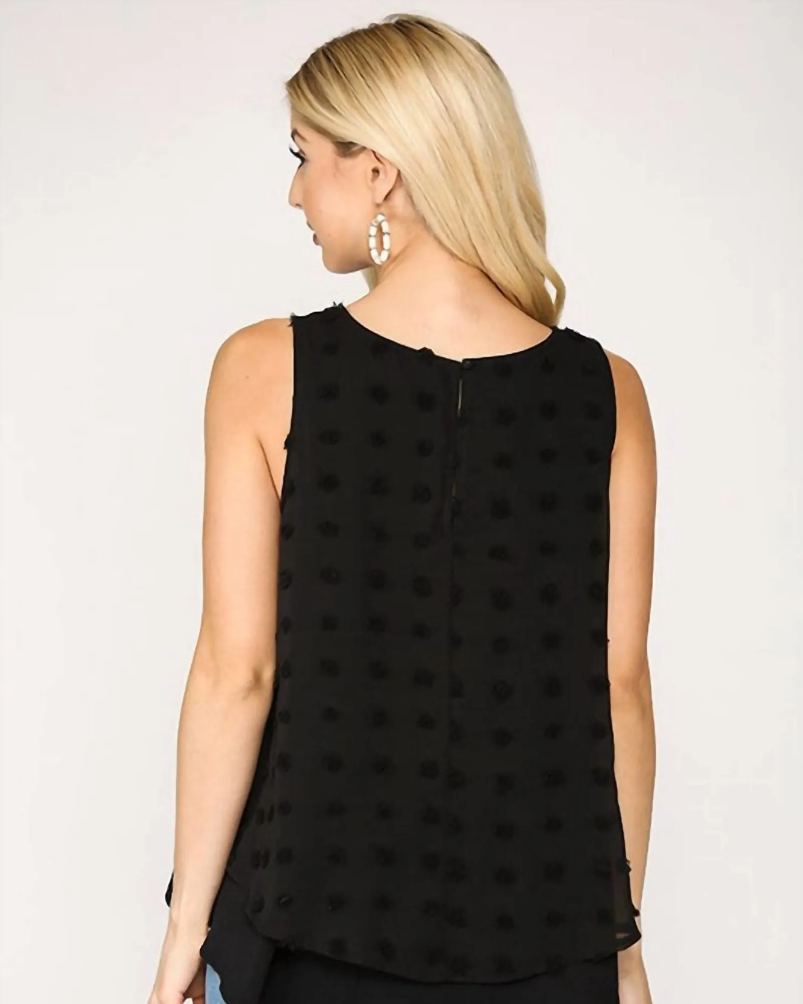 Urakiri Woven Dot Fabric Sleeveless Flowy Top in Black | Black