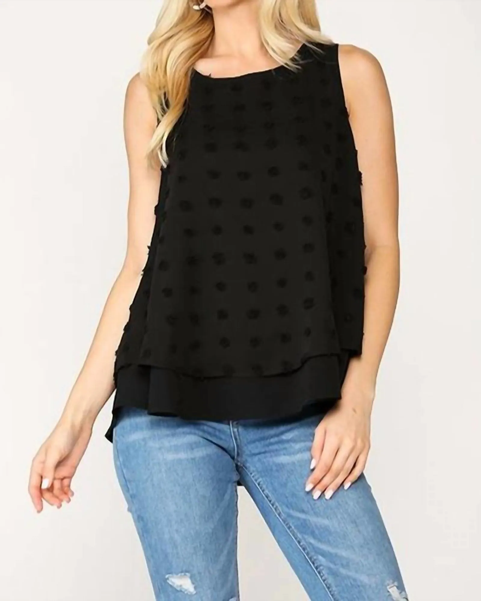Urakiri Woven Dot Fabric Sleeveless Flowy Top in Black | Black