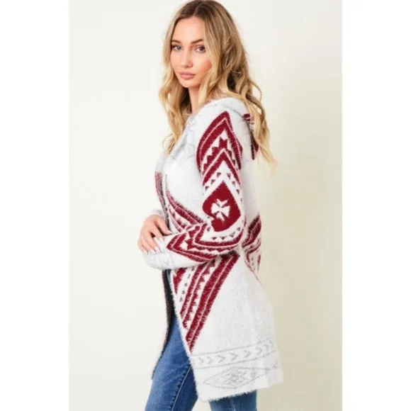 Wine Fuzzy Soft Knit Long Sleeve Aztec Tribal Native Western Cardigan Sweater