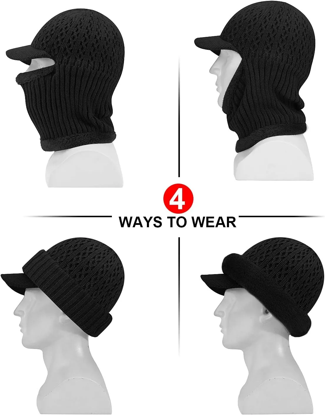 Winter Knitted Balaclava Beanie Hat Warm Cycling Ski Mask, Women Windproof Hood, Balaclavas Heavyweight Thermal Fleece