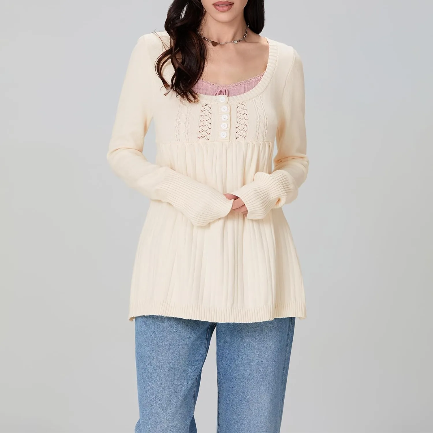 Women Y2K Babydoll Sweater Flare Hem Fairycore Shirt Blouse Long Sleeve Scoop Neck Sweet Cute Knit Top 2000s