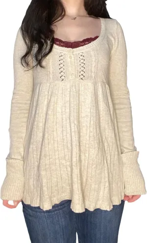 Women Y2K Babydoll Sweater Flare Hem Fairycore Shirt Blouse Long Sleeve Scoop Neck Sweet Cute Knit Top 2000s