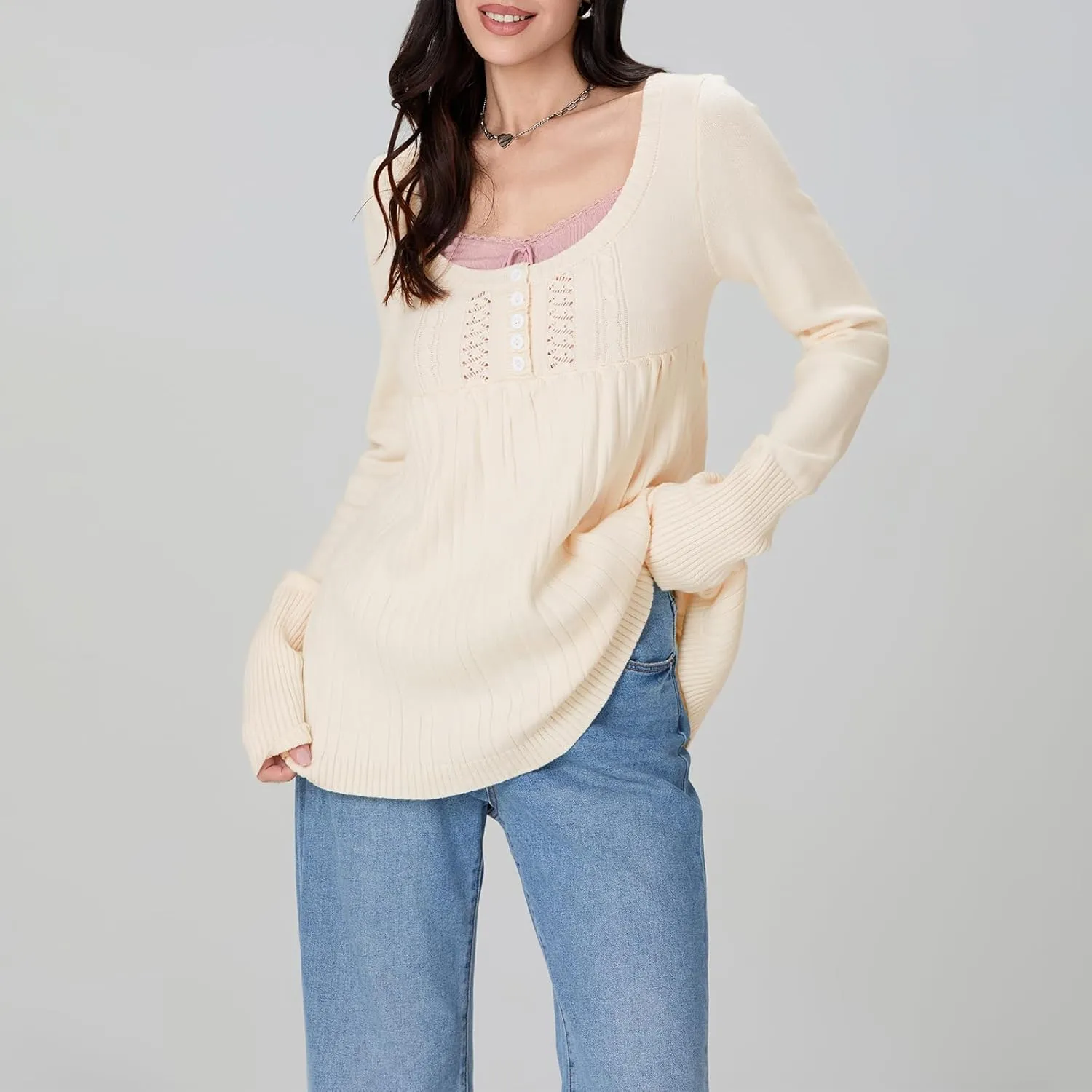 Women Y2K Babydoll Sweater Flare Hem Fairycore Shirt Blouse Long Sleeve Scoop Neck Sweet Cute Knit Top 2000s