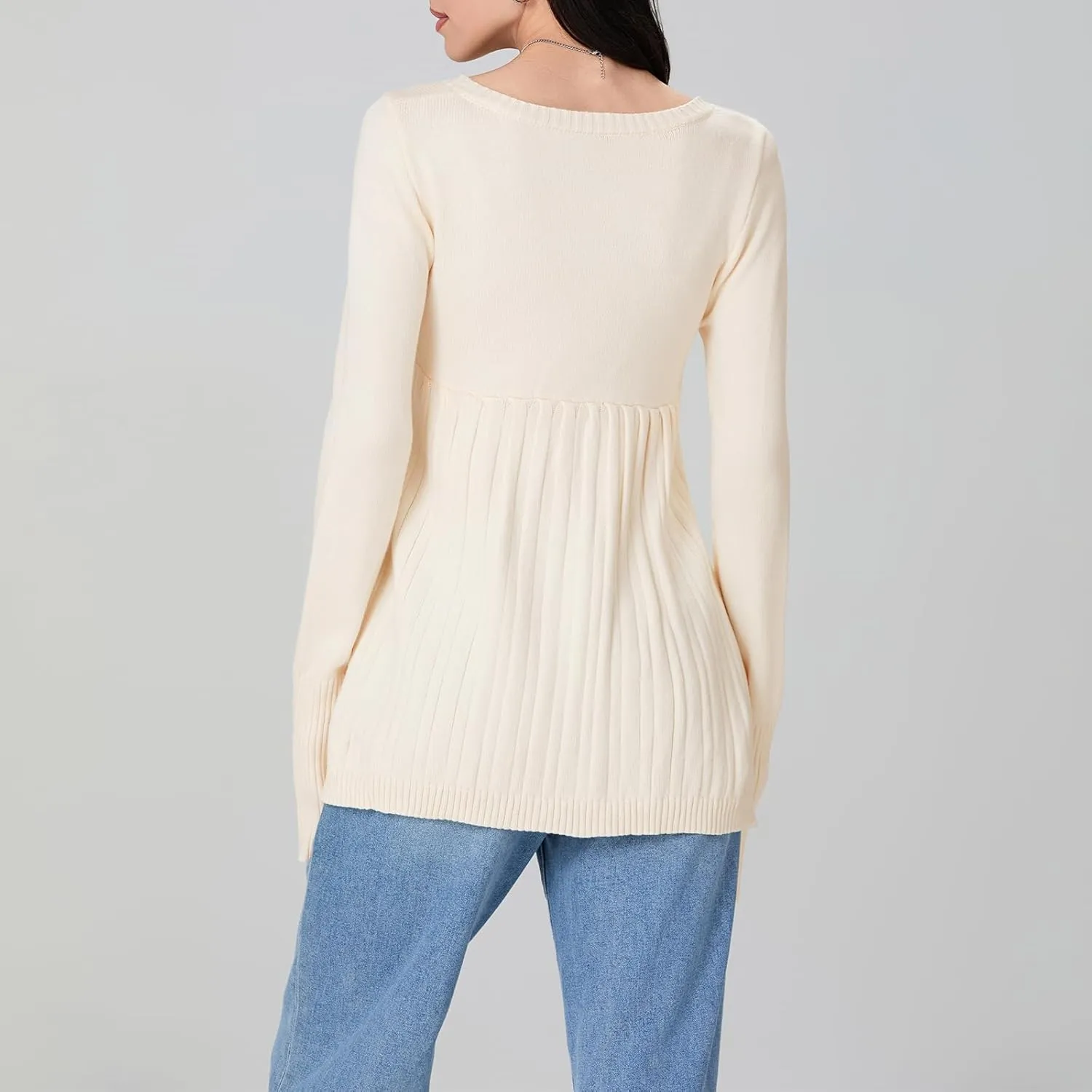 Women Y2K Babydoll Sweater Flare Hem Fairycore Shirt Blouse Long Sleeve Scoop Neck Sweet Cute Knit Top 2000s