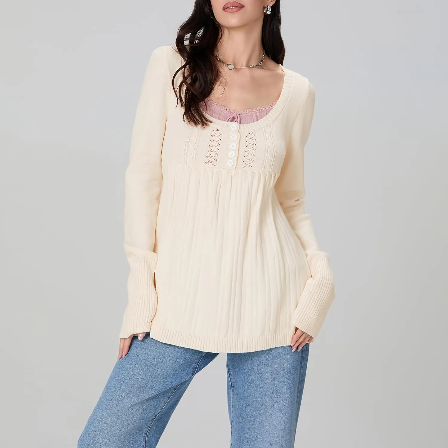 Women Y2K Babydoll Sweater Flare Hem Fairycore Shirt Blouse Long Sleeve Scoop Neck Sweet Cute Knit Top 2000s