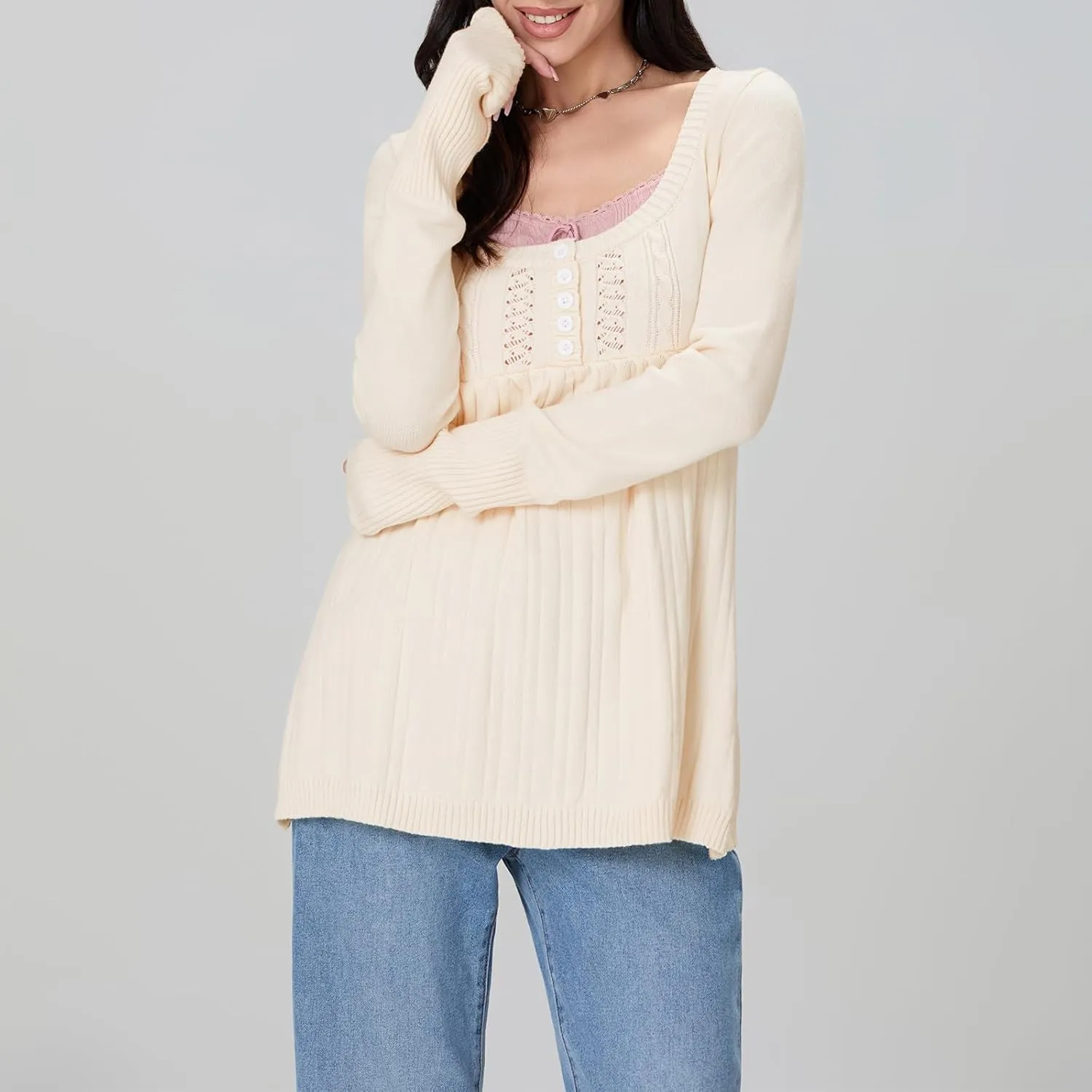 Women Y2K Babydoll Sweater Flare Hem Fairycore Shirt Blouse Long Sleeve Scoop Neck Sweet Cute Knit Top 2000s