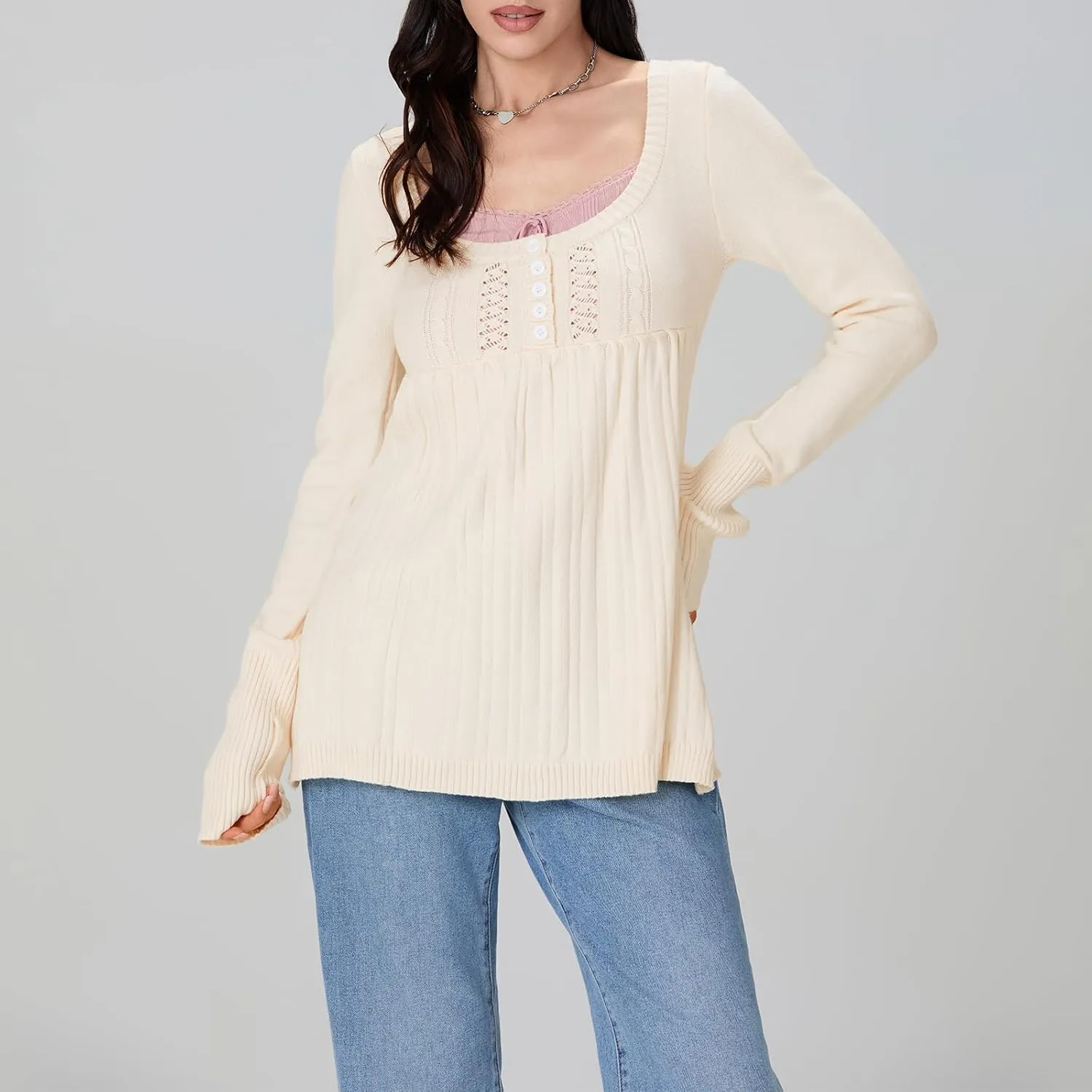 Women Y2K Babydoll Sweater Flare Hem Fairycore Shirt Blouse Long Sleeve Scoop Neck Sweet Cute Knit Top 2000s
