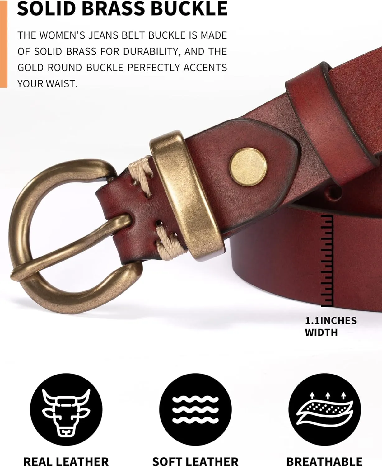Womens Belt for Jeans Genuine Leather Belt Vintage Solid Brass Circle buckle Gift Box Packaging