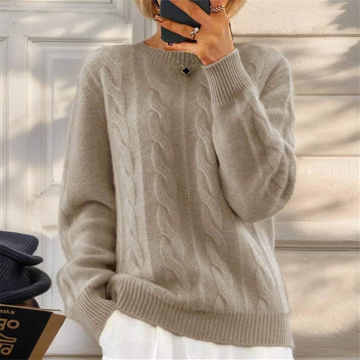 Women's Cable Knit Chunky Sweater Crewneck Long Sleeve Solid Retro Warm Elegant Pullover Jumper Knitwear