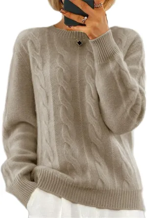 Women's Cable Knit Chunky Sweater Crewneck Long Sleeve Solid Retro Warm Elegant Pullover Jumper Knitwear
