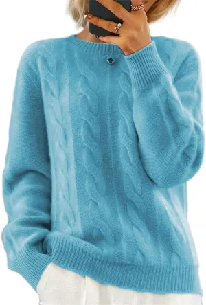Women's Cable Knit Chunky Sweater Crewneck Long Sleeve Solid Retro Warm Elegant Pullover Jumper Knitwear
