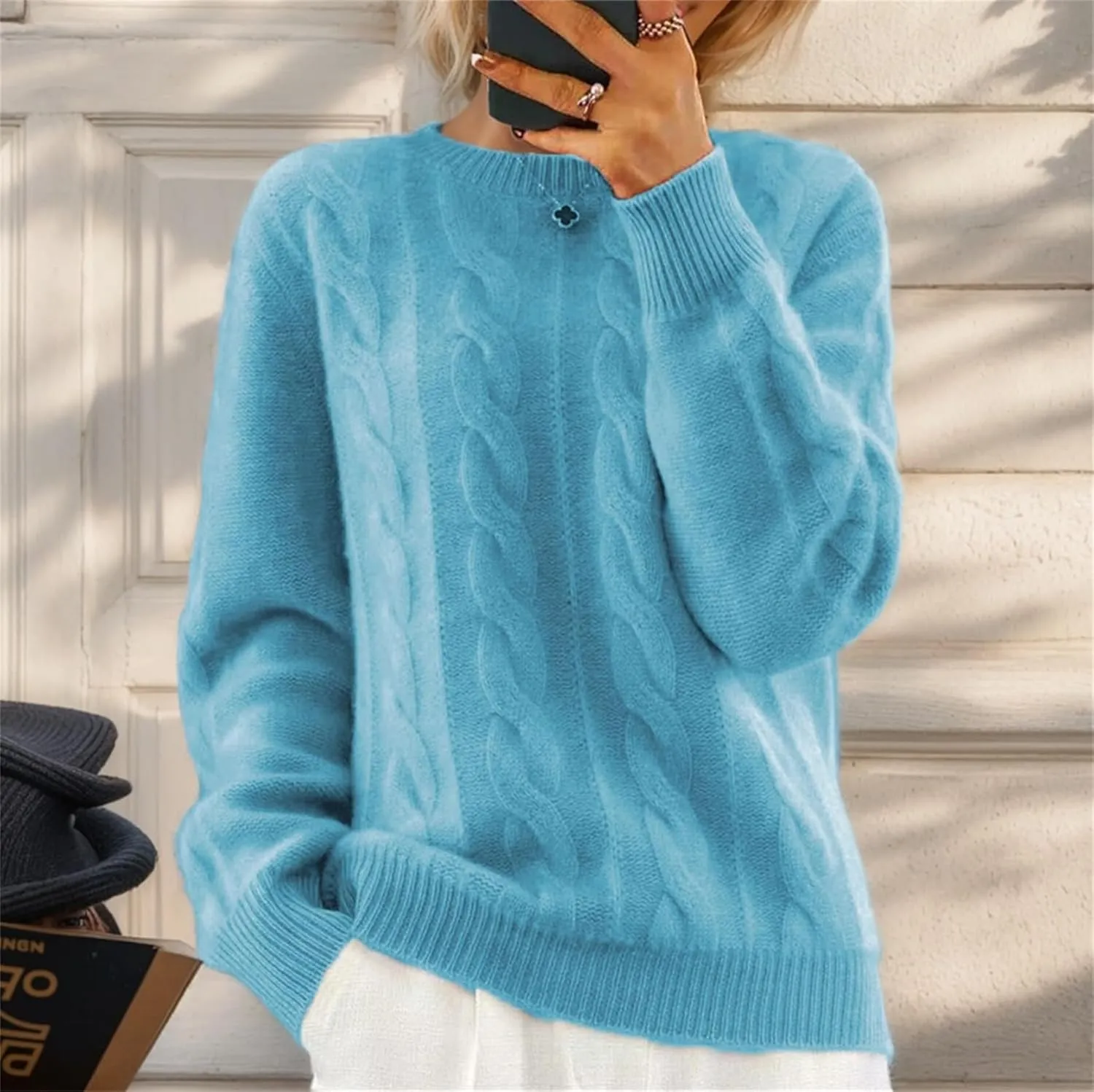 Women's Cable Knit Chunky Sweater Crewneck Long Sleeve Solid Retro Warm Elegant Pullover Jumper Knitwear