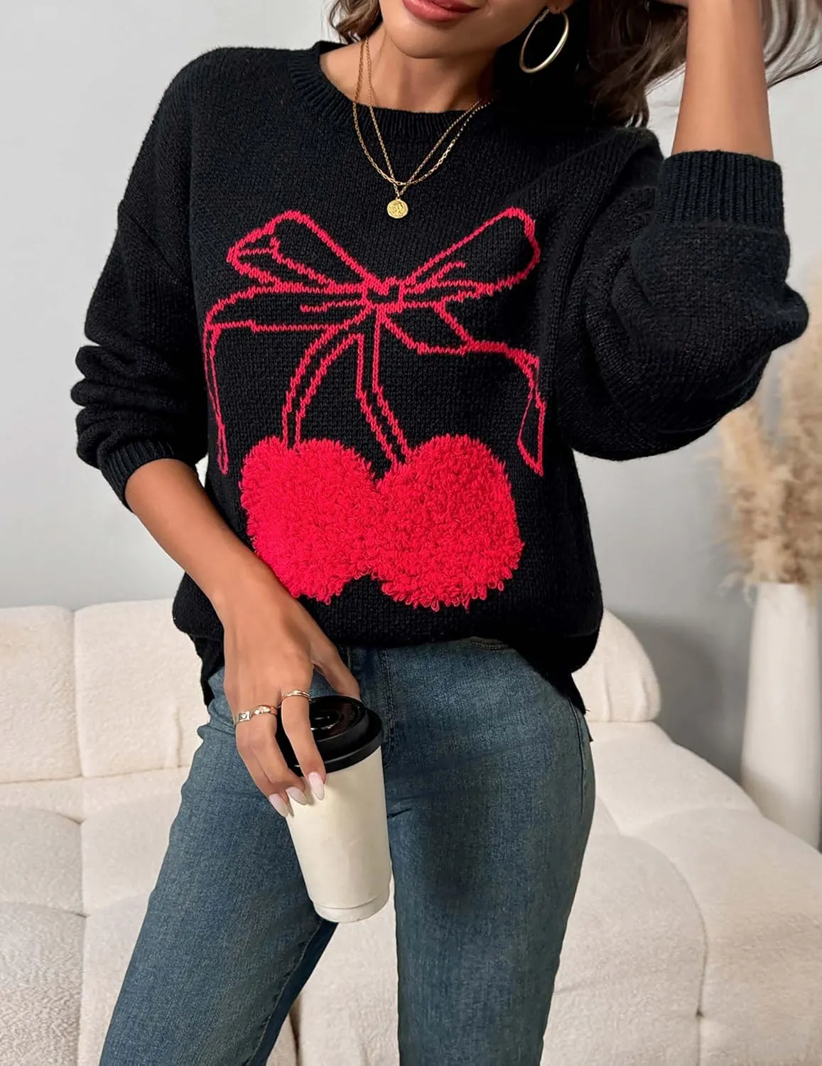 Womens Cute Bow Cherry Long Sleeve Pullover Sweater 2025 Casual Ribbed Knit Crewneck Sweater