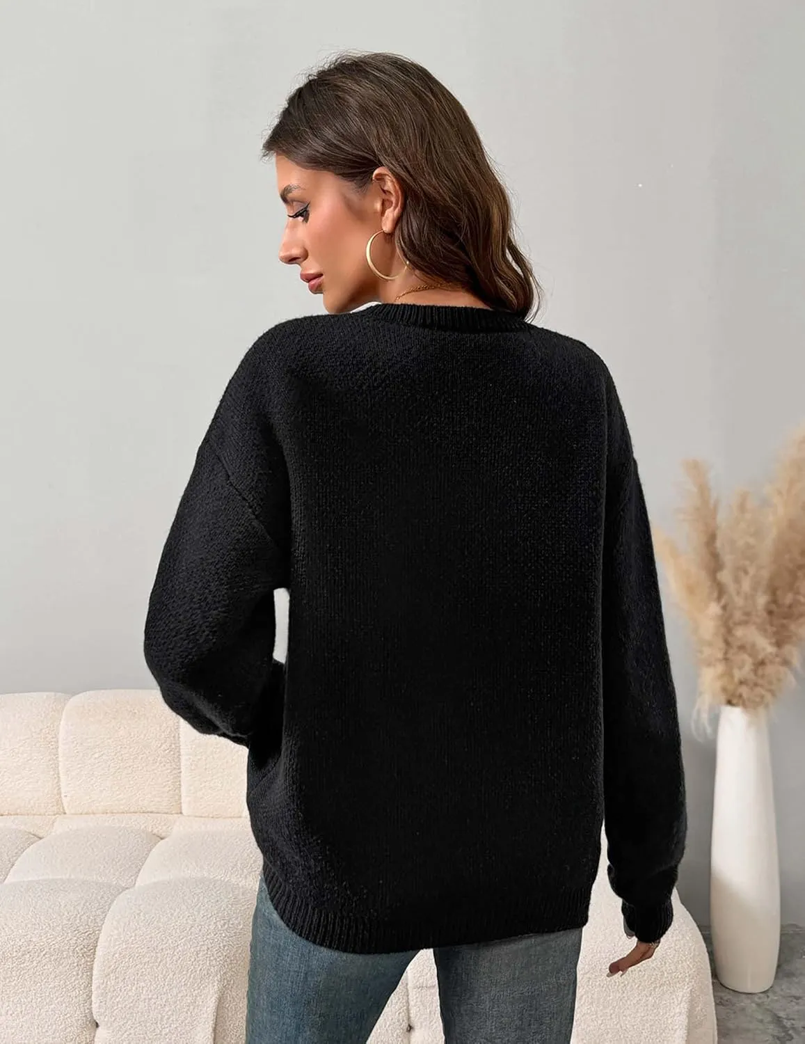 Womens Cute Bow Cherry Long Sleeve Pullover Sweater 2025 Casual Ribbed Knit Crewneck Sweater