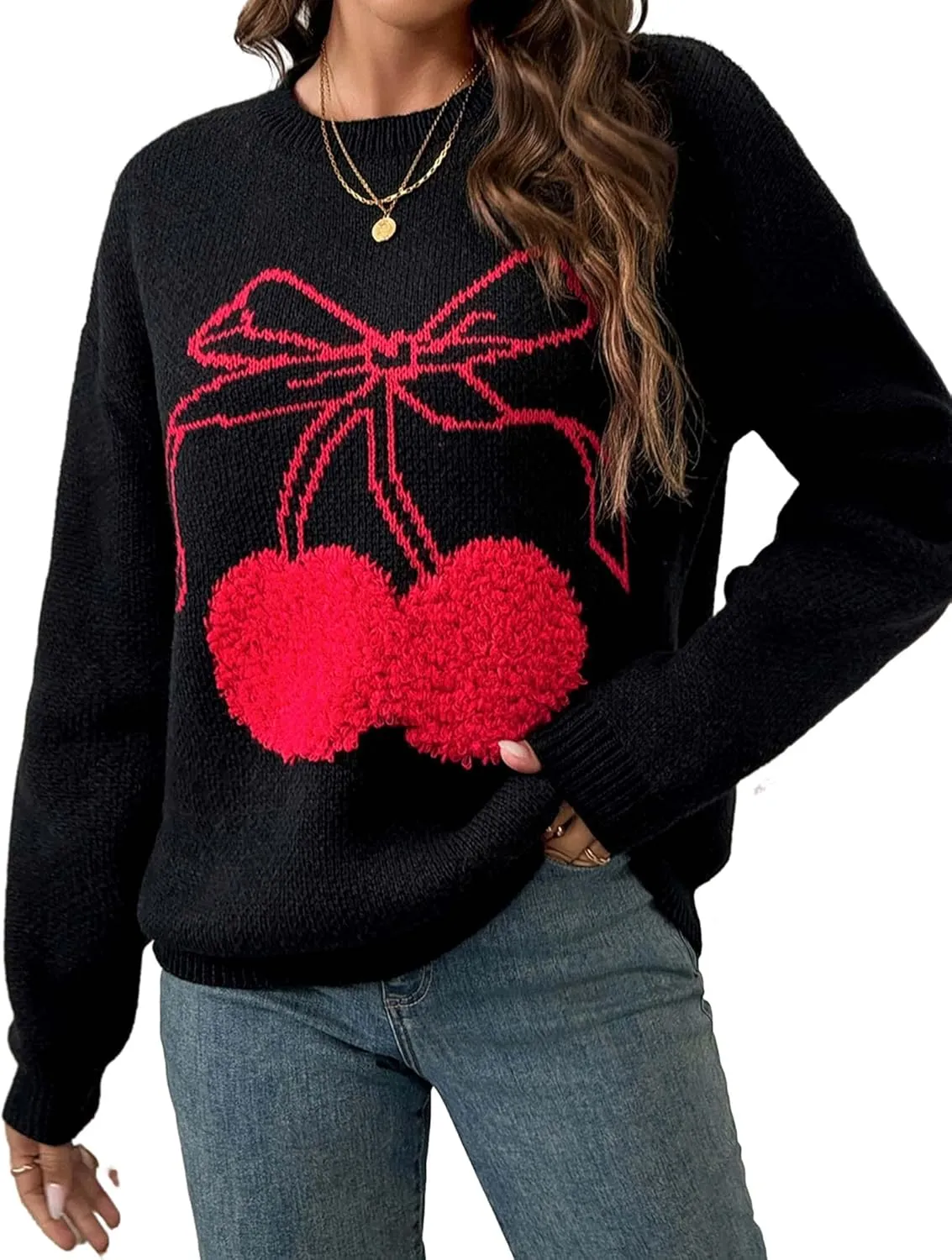 Womens Cute Bow Cherry Long Sleeve Pullover Sweater 2025 Casual Ribbed Knit Crewneck Sweater