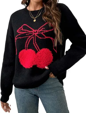 Womens Cute Bow Cherry Long Sleeve Pullover Sweater 2025 Casual Ribbed Knit Crewneck Sweater