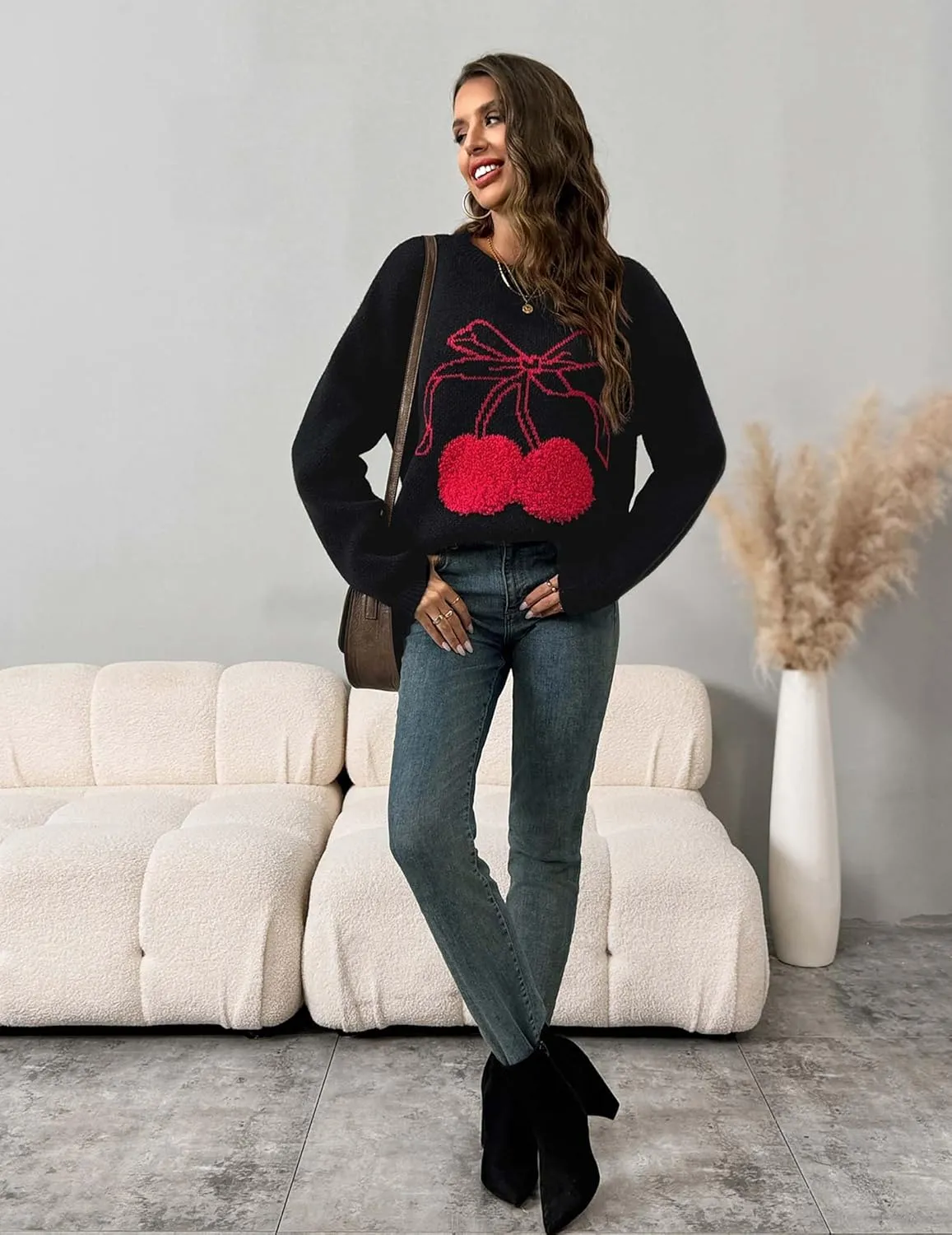 Womens Cute Bow Cherry Long Sleeve Pullover Sweater 2025 Casual Ribbed Knit Crewneck Sweater