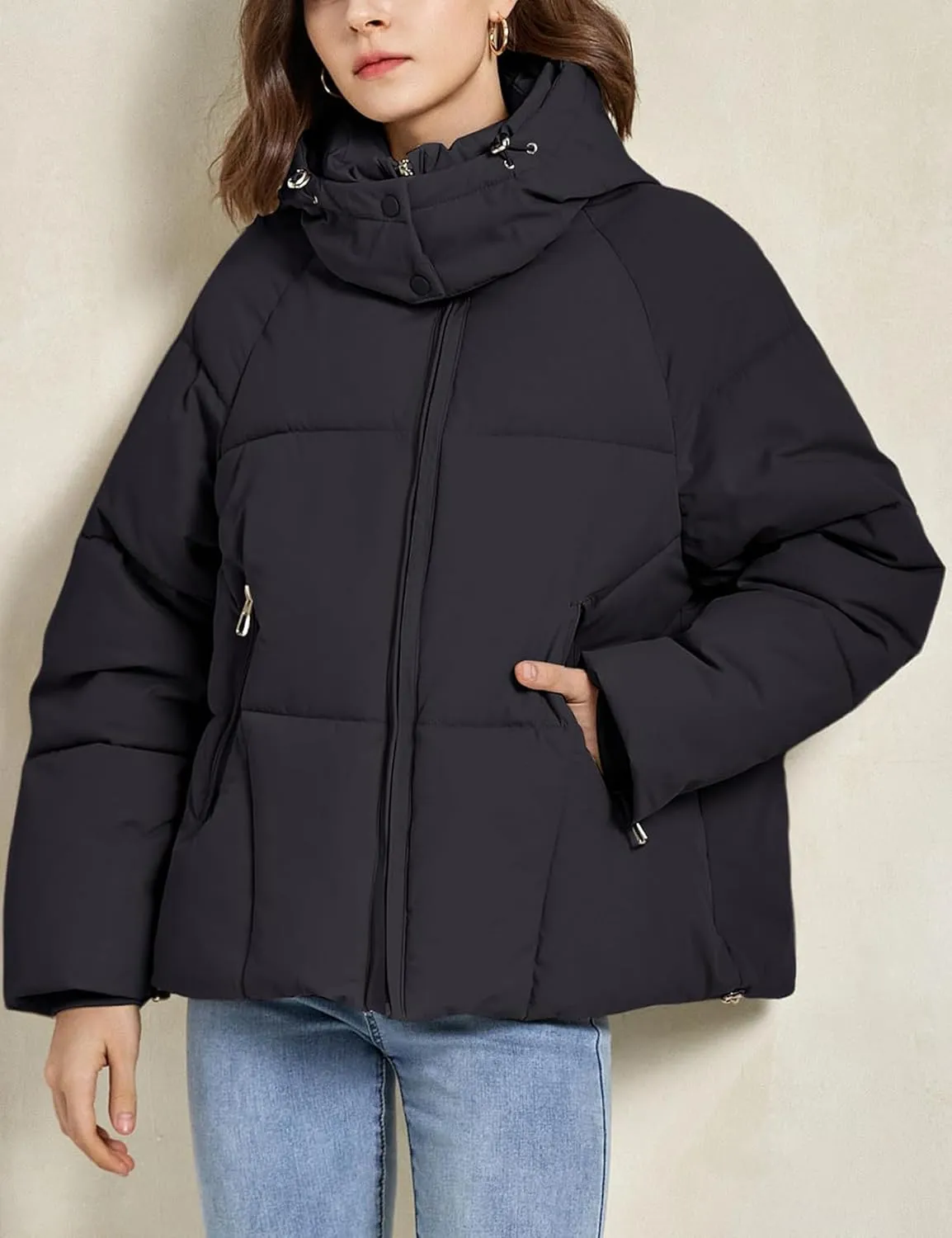 Womens Lightweight Puffer Jacket Full Zip Quilted Hooded Winter Down Coat Windproof Warm Bubble Coat with Pocket