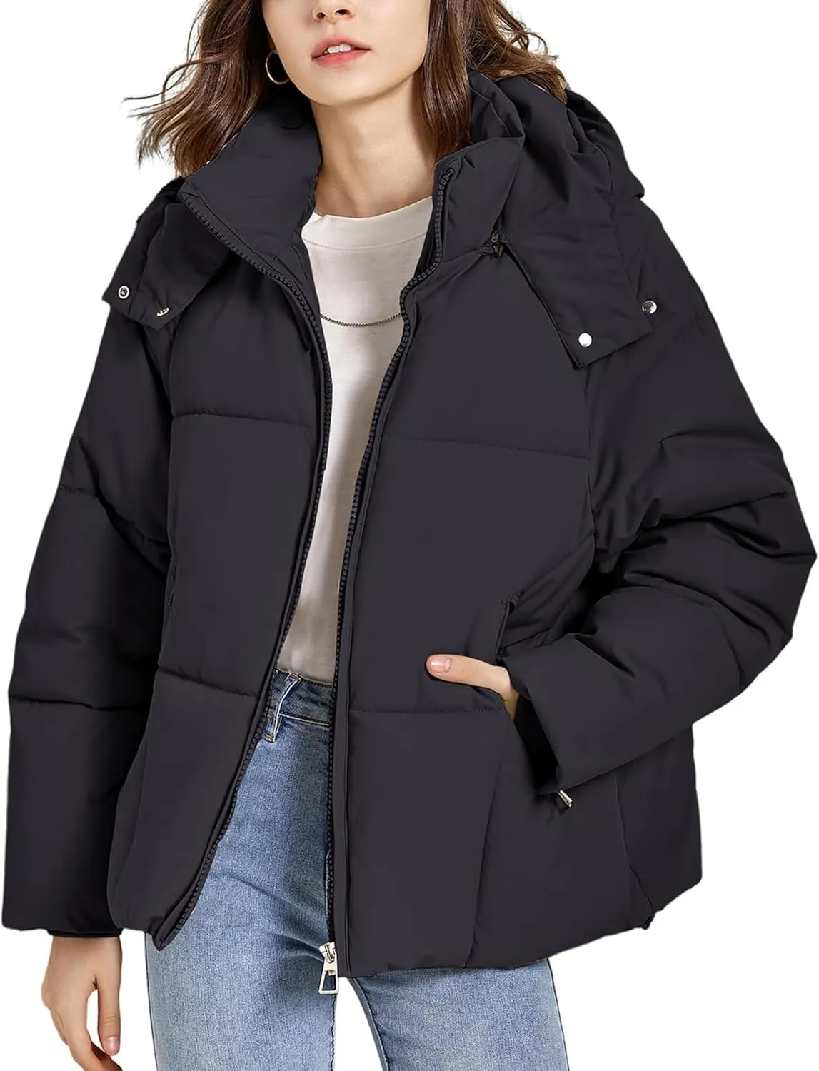 Womens Lightweight Puffer Jacket Full Zip Quilted Hooded Winter Down Coat Windproof Warm Bubble Coat with Pocket
