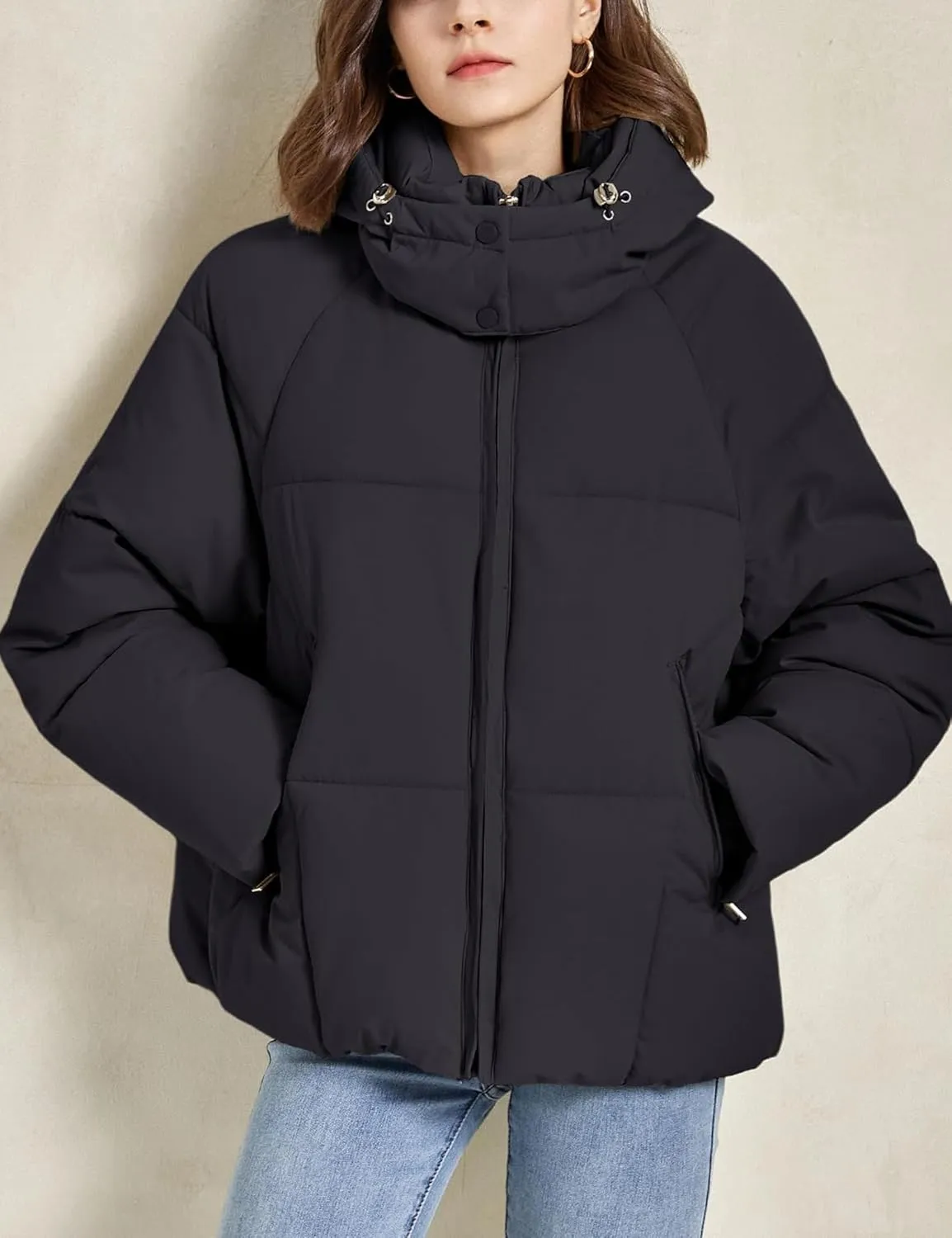 Womens Lightweight Puffer Jacket Full Zip Quilted Hooded Winter Down Coat Windproof Warm Bubble Coat with Pocket
