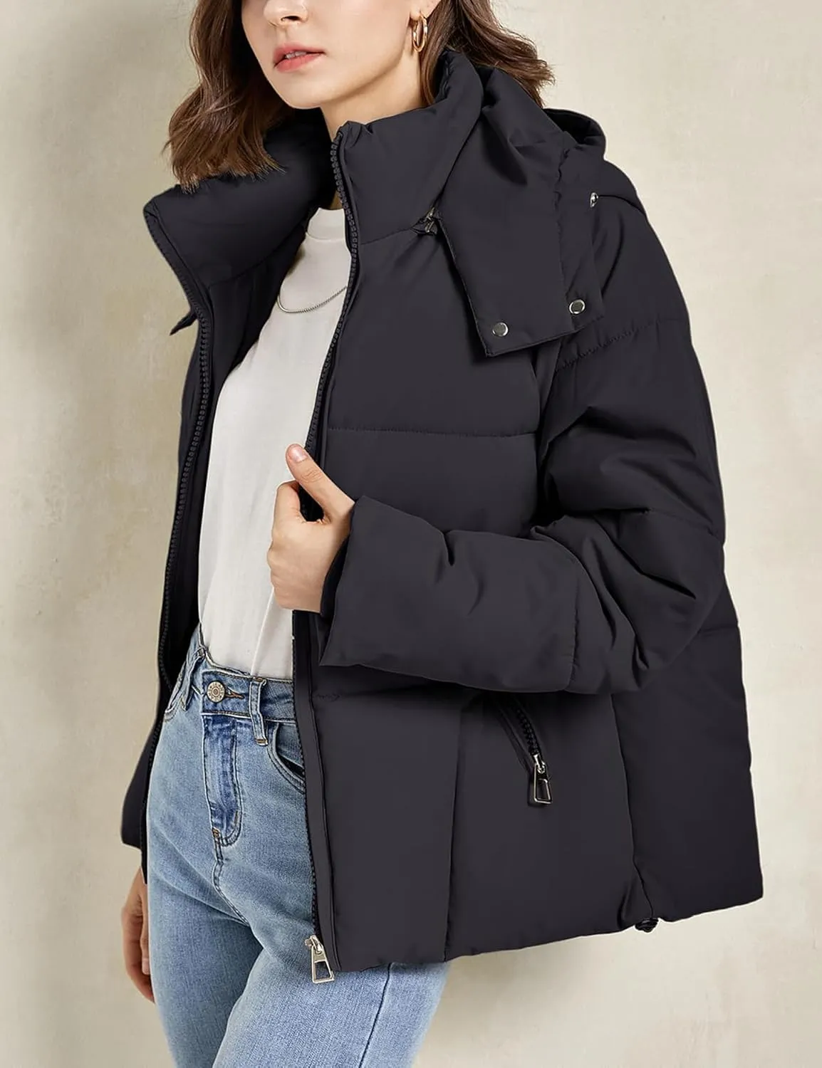 Womens Lightweight Puffer Jacket Full Zip Quilted Hooded Winter Down Coat Windproof Warm Bubble Coat with Pocket