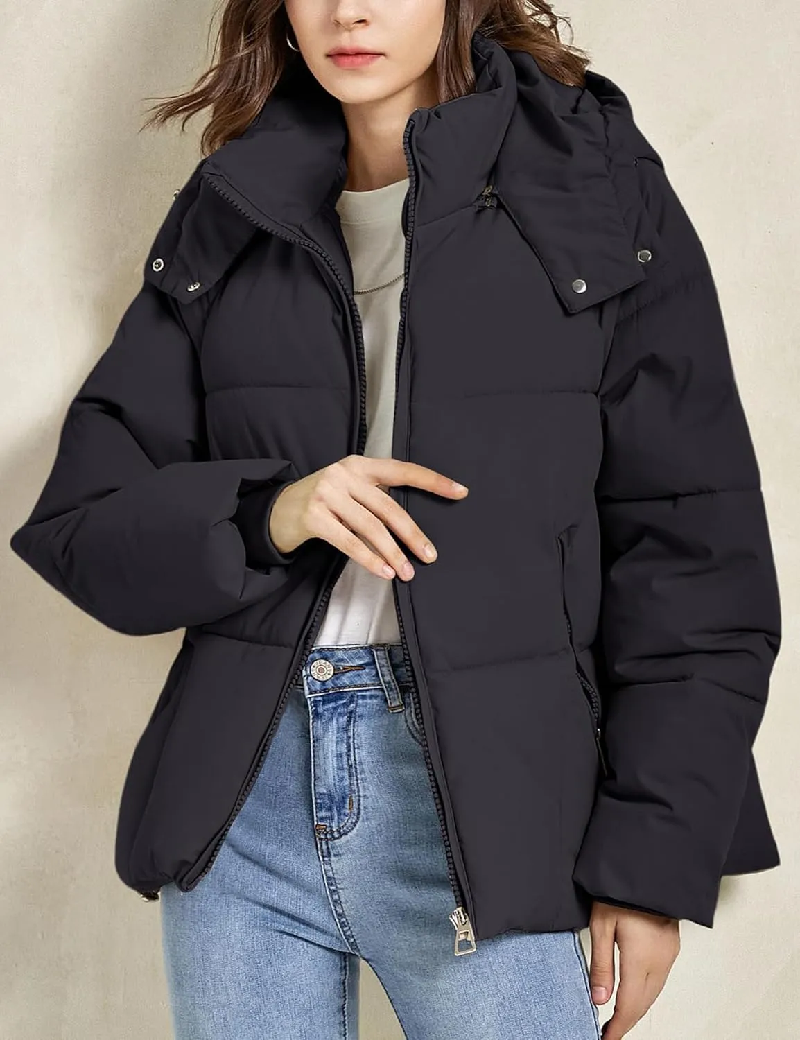 Womens Lightweight Puffer Jacket Full Zip Quilted Hooded Winter Down Coat Windproof Warm Bubble Coat with Pocket