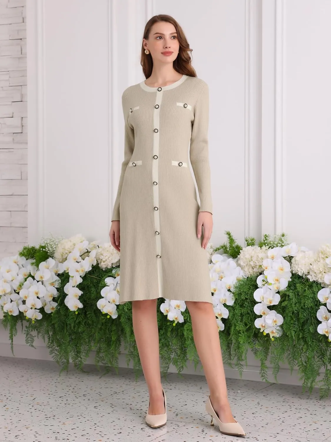 Women's Midi Dress Knit Long Sleeve Sweater Dresses