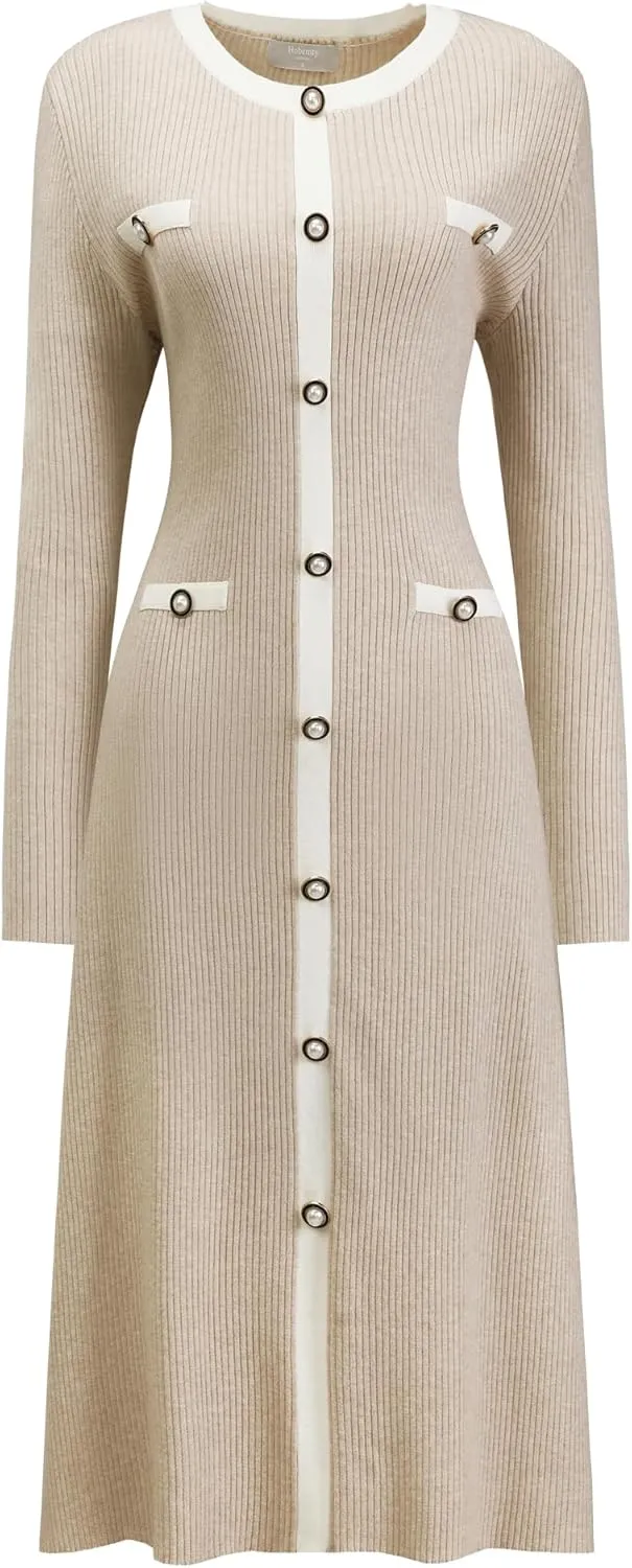Women's Midi Dress Knit Long Sleeve Sweater Dresses