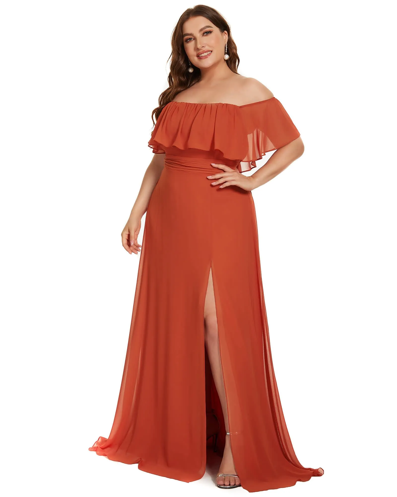 Women's Off Shoulder Ruffle Thigh Slit Bridesmaid Dresses | Burnt Orange