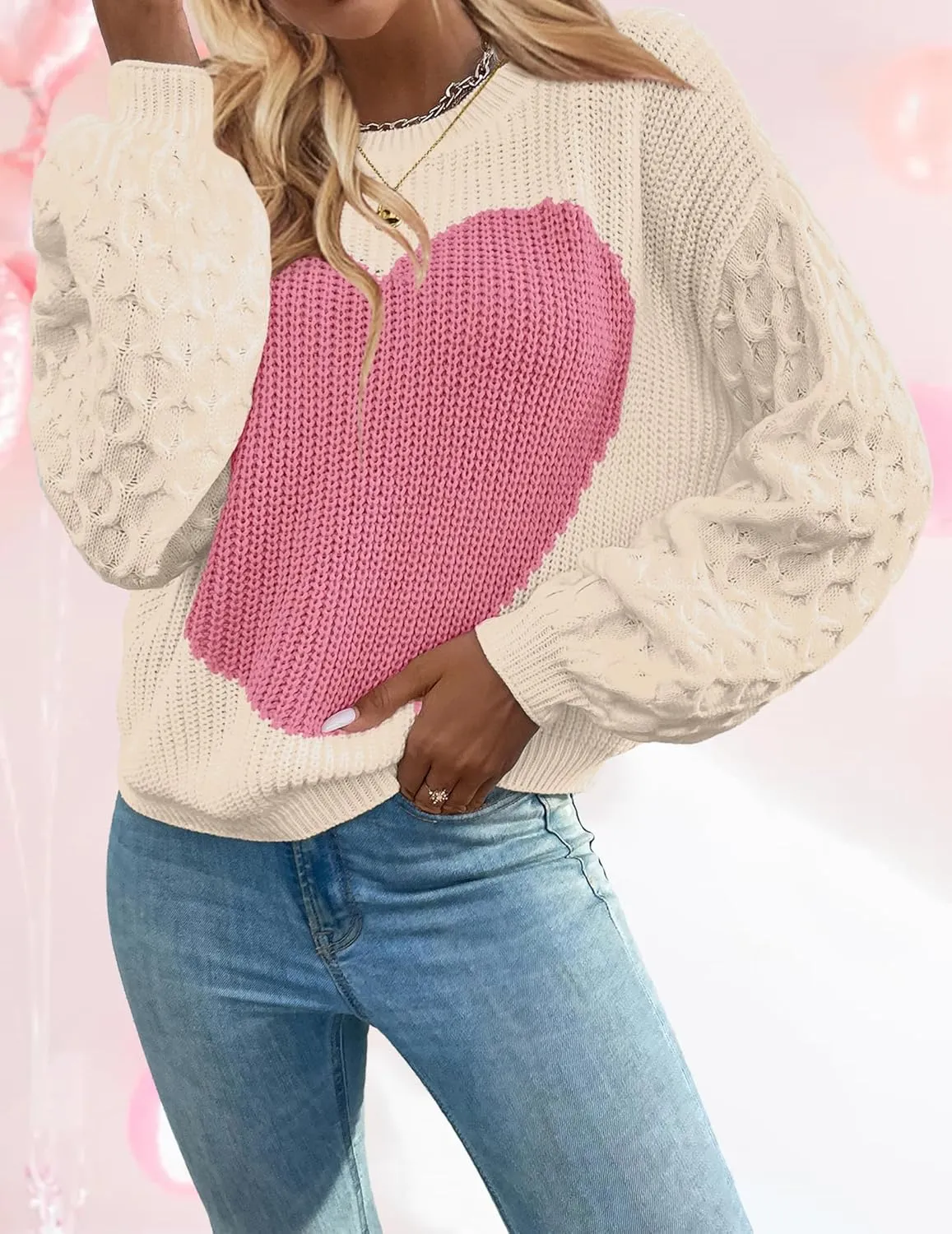 Womens Oversized Cute Heart Sweater Spring 2025 Lightweight Crewneck Cable Knit Sleeve Pullover Top