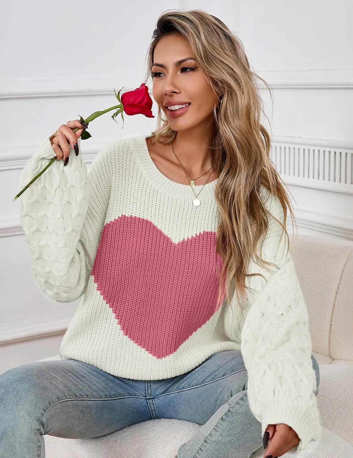 Womens Oversized Cute Heart Sweater Spring 2025 Lightweight Crewneck Cable Knit Sleeve Pullover Top