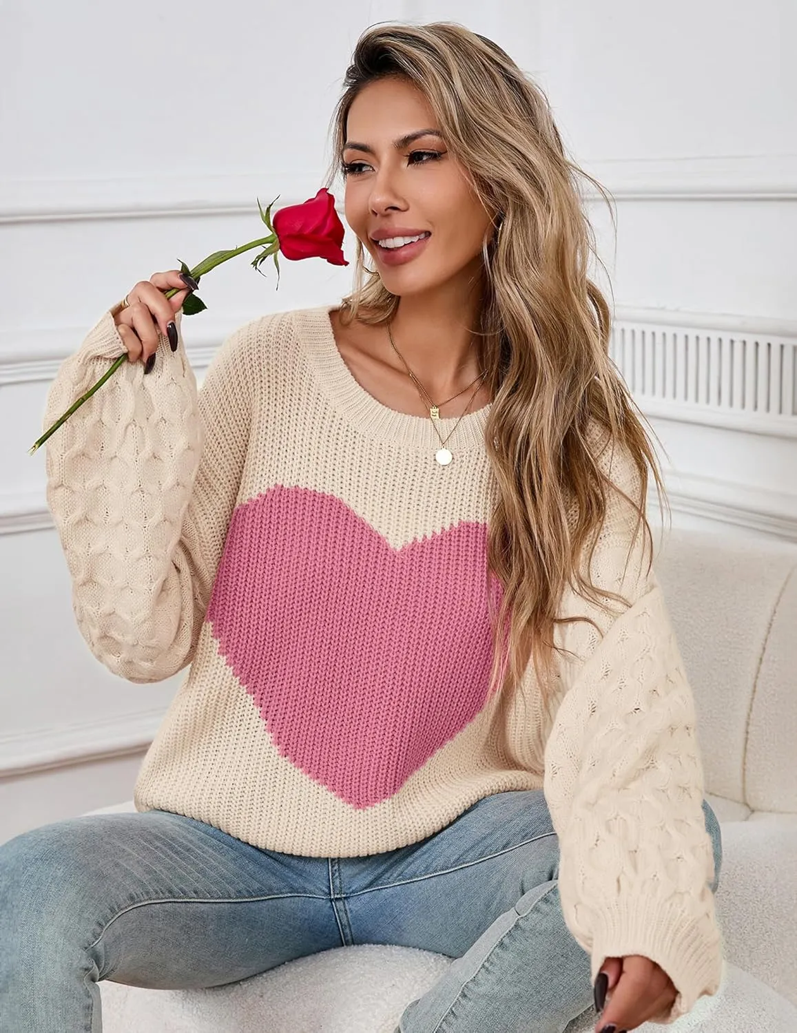 Womens Oversized Cute Heart Sweater Spring 2025 Lightweight Crewneck Cable Knit Sleeve Pullover Top