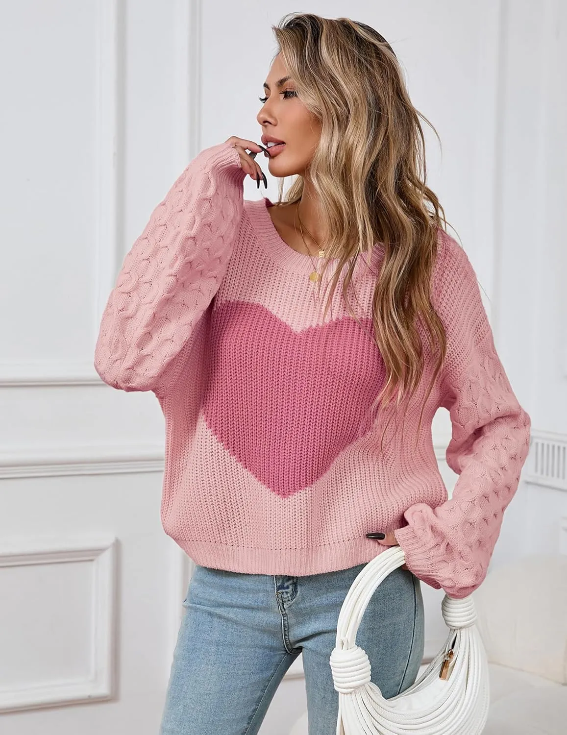 Womens Oversized Cute Heart Sweater Spring 2025 Lightweight Crewneck Cable Knit Sleeve Pullover Top