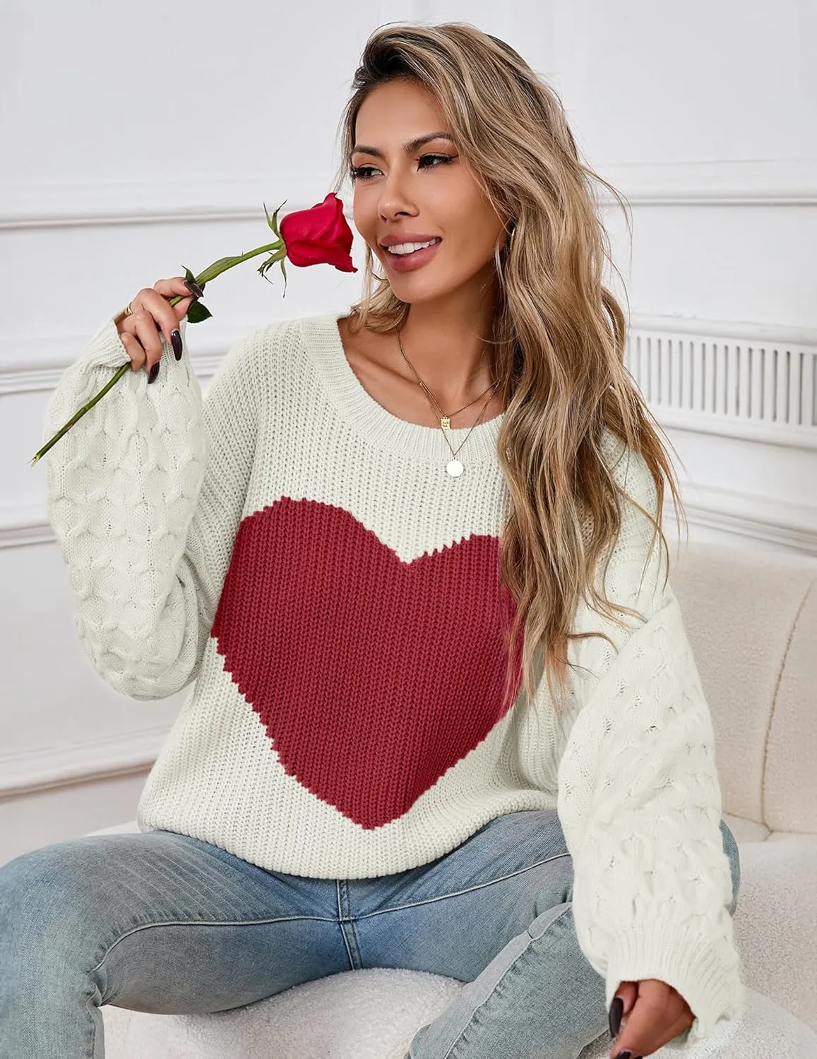 Womens Oversized Cute Heart Sweater Spring 2025 Lightweight Crewneck Cable Knit Sleeve Pullover Top