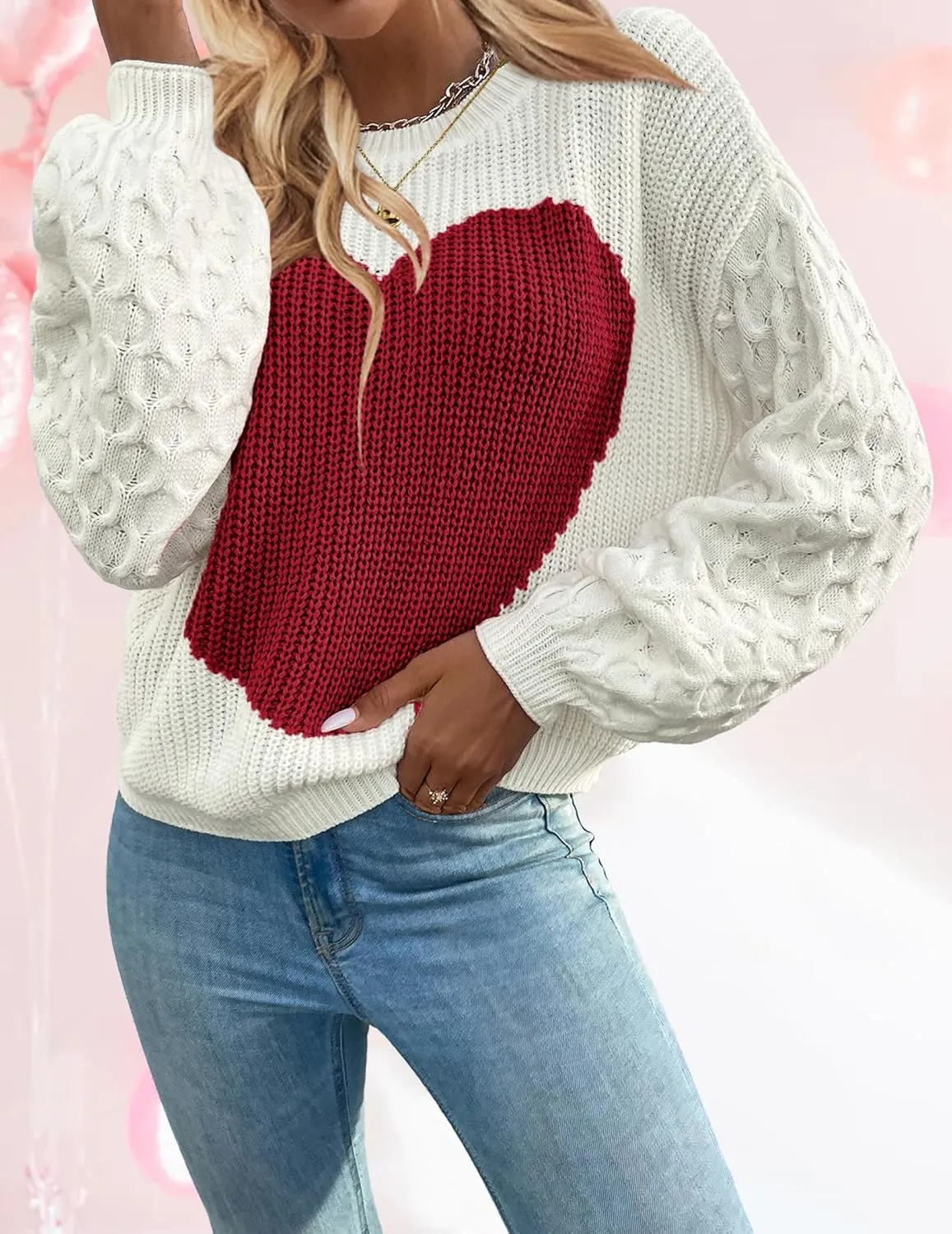 Womens Oversized Cute Heart Sweater Spring 2025 Lightweight Crewneck Cable Knit Sleeve Pullover Top