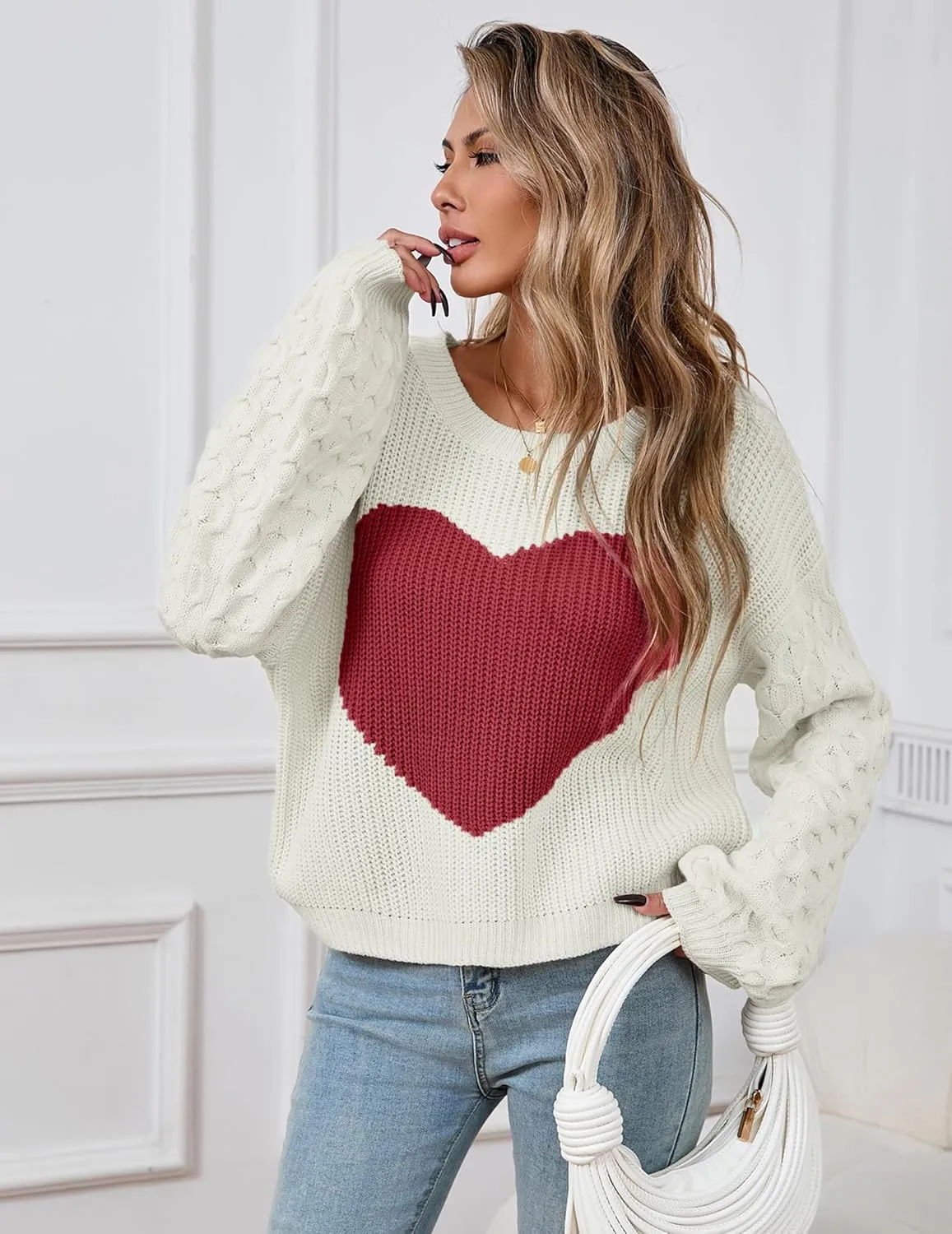 Womens Oversized Cute Heart Sweater Spring 2025 Lightweight Crewneck Cable Knit Sleeve Pullover Top