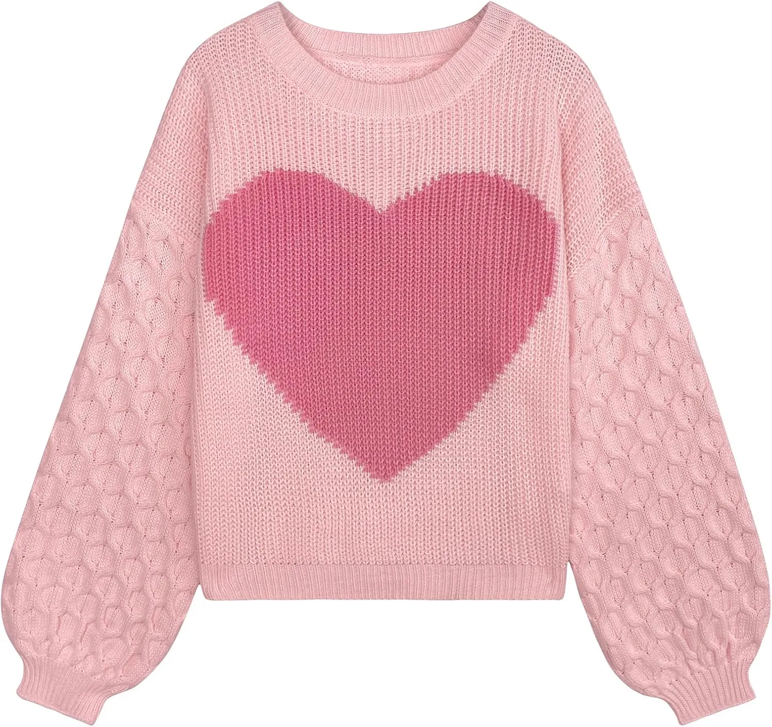 Womens Oversized Cute Heart Sweater Spring 2025 Lightweight Crewneck Cable Knit Sleeve Pullover Top