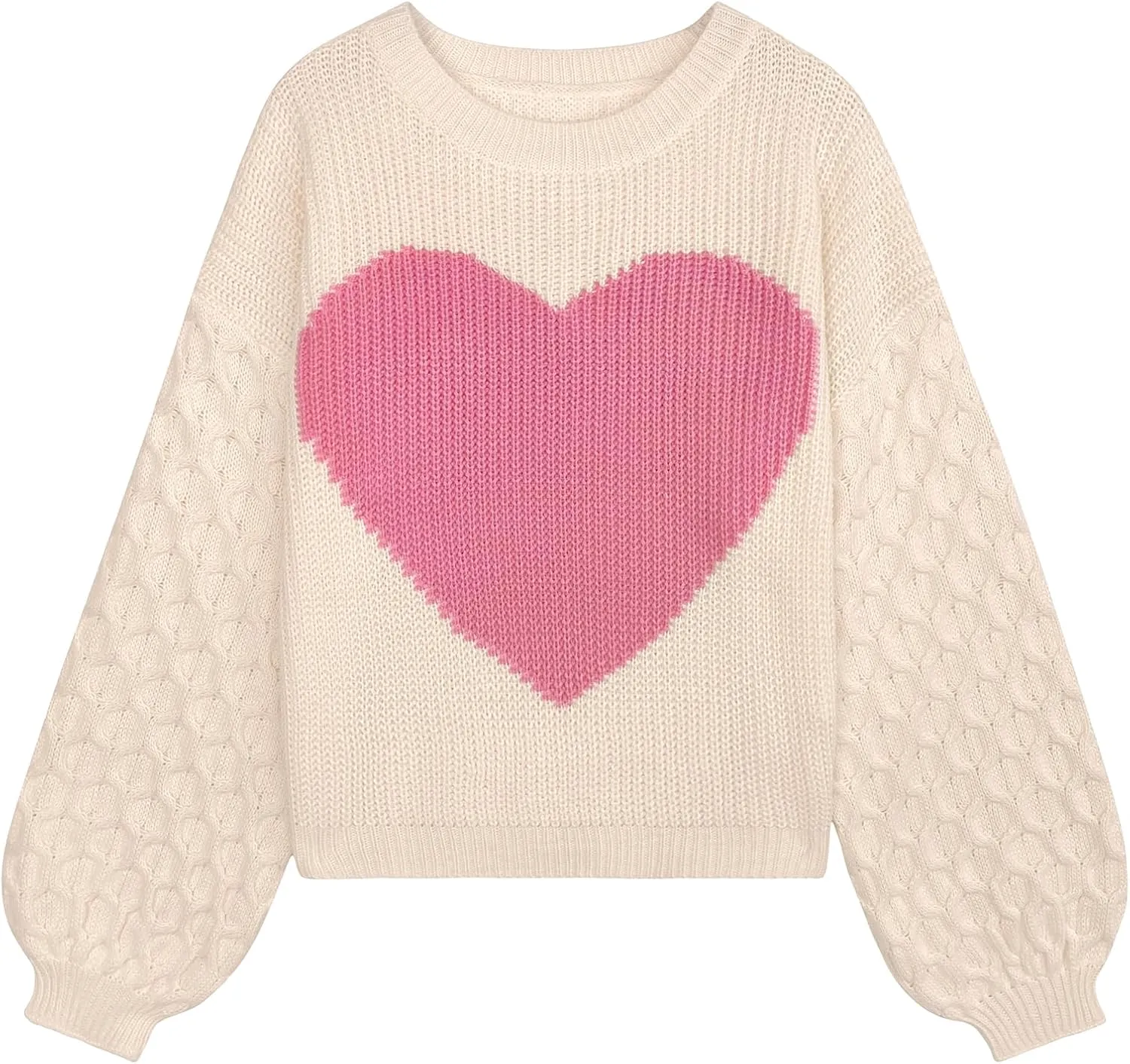 Womens Oversized Cute Heart Sweater Spring 2025 Lightweight Crewneck Cable Knit Sleeve Pullover Top