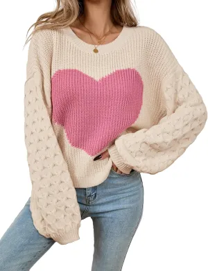 Womens Oversized Cute Heart Sweater Spring 2025 Lightweight Crewneck Cable Knit Sleeve Pullover Top